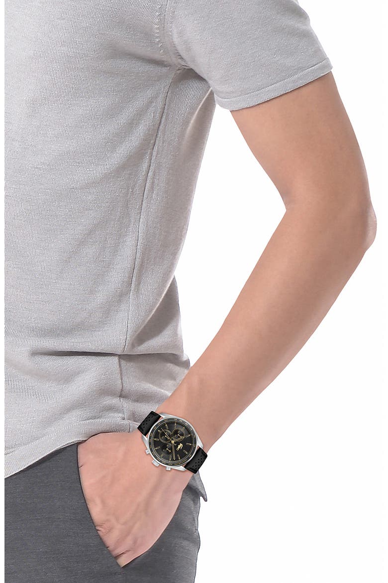 Boston Chronograph Leather Strao Watch, 42mm, Alternate, color, BLACK