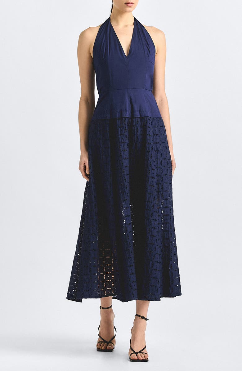 Derek Lam 10 Crosby Maris Eyelet Halter Maxi Dress, Main, color, Navy