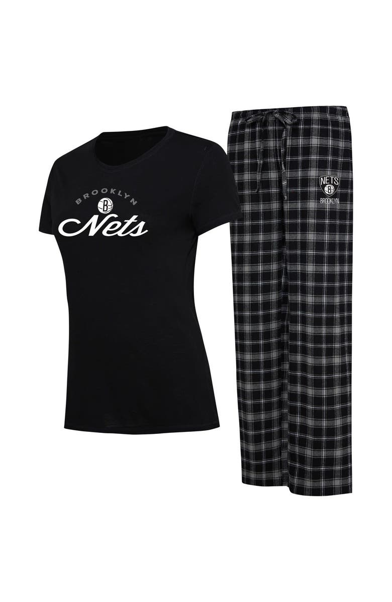 College Concepts Women's College Concepts Black/Gray Brooklyn Nets Arctic T-Shirt & Flannel Pants Sleep Set, Main, color, Black