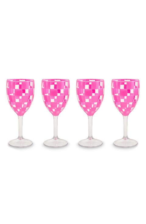 Set of 4 Pink Check Acrylic Wine Goblets