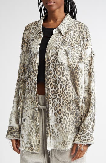 R13 Shredded Seam Drop Neck Leopard Print Button-Up Shirt