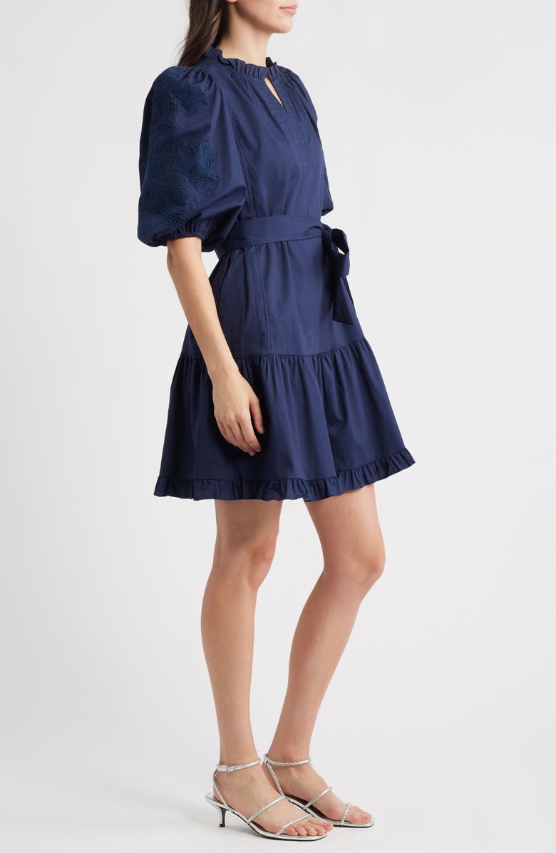 Vince Camuto Embroidered Ruffle Tie Waist Dress, Alternate, color, Navy