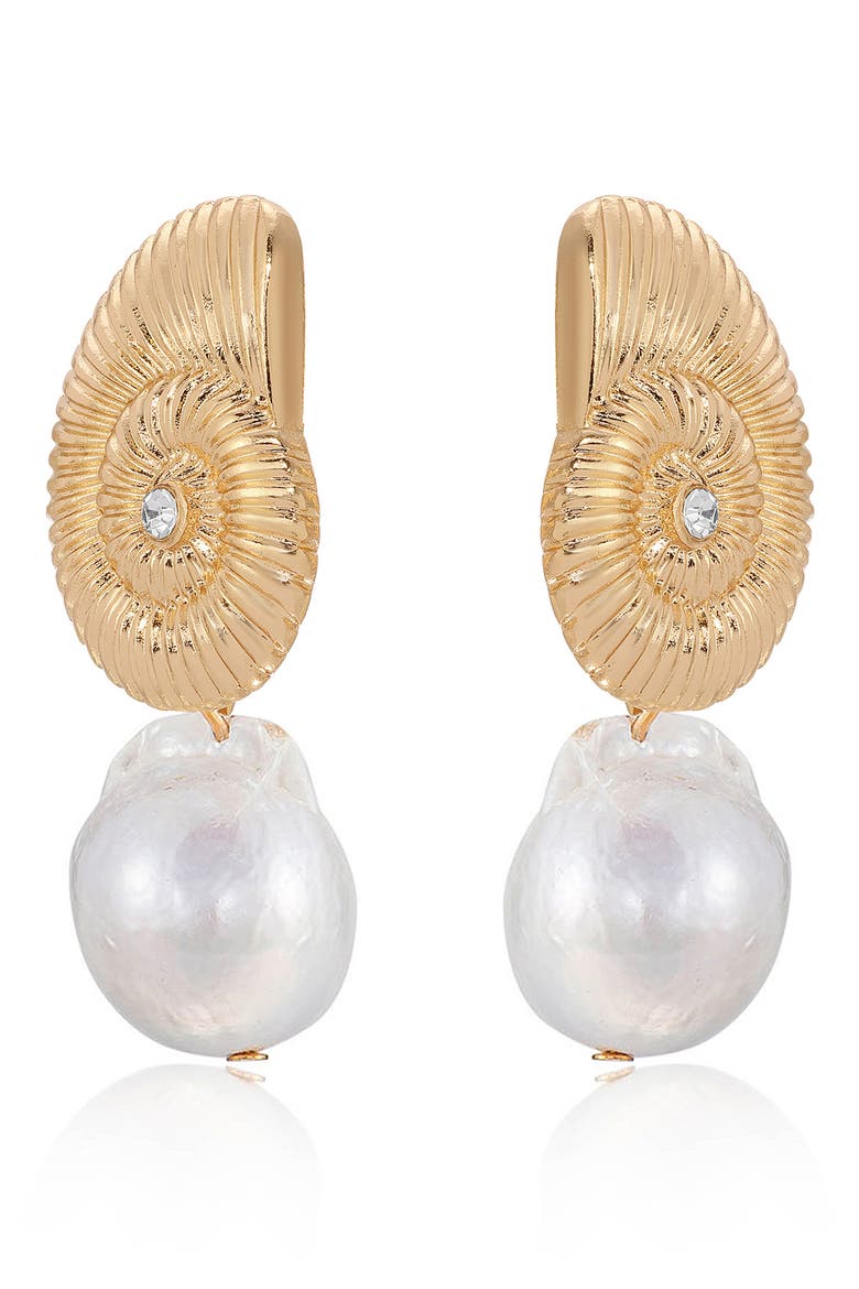 Swirl Shell Freshwater Pearl Drop Earrings, Alternate, color, GOLD