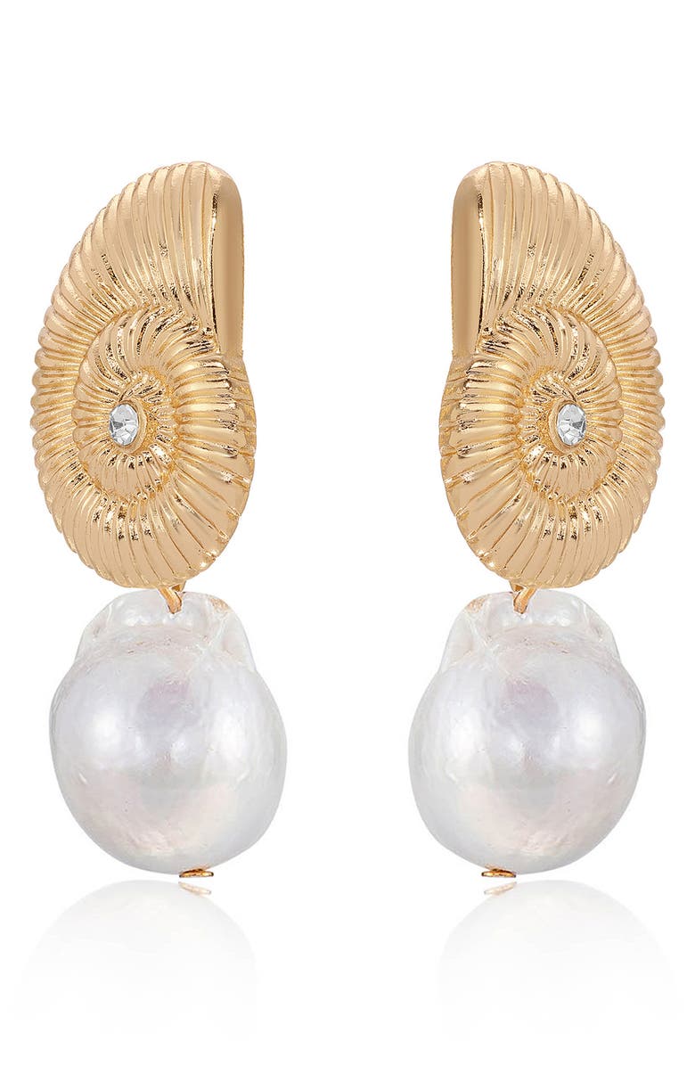 Ettika Swirl Shell Freshwater Pearl Drop Earrings, Alternate, color, Gold