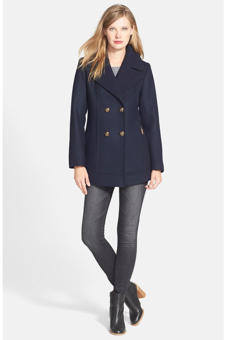 Double Breasted Wool Blend Peacoat, Alternate, color, BLACK