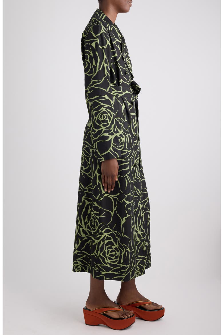 Rolana Giant Couture Rose Print Belted Crepe Trench Coat, Alternate, color, BLACK