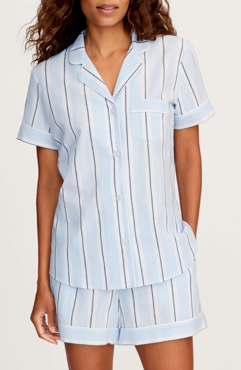 Petite Plume Coastal Stripe Cotton Twill Short Pajamas, Main, color, Blue