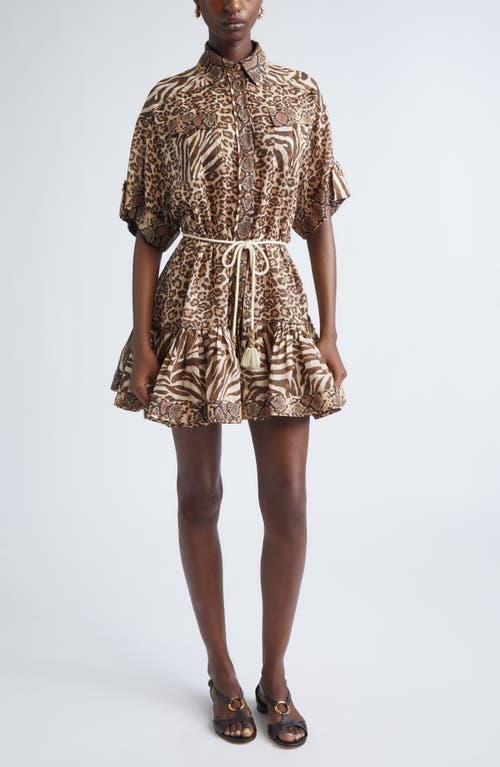 Zimmermann Wanderlust Lantern Belted Printed Cotton Mini Dress In Brown