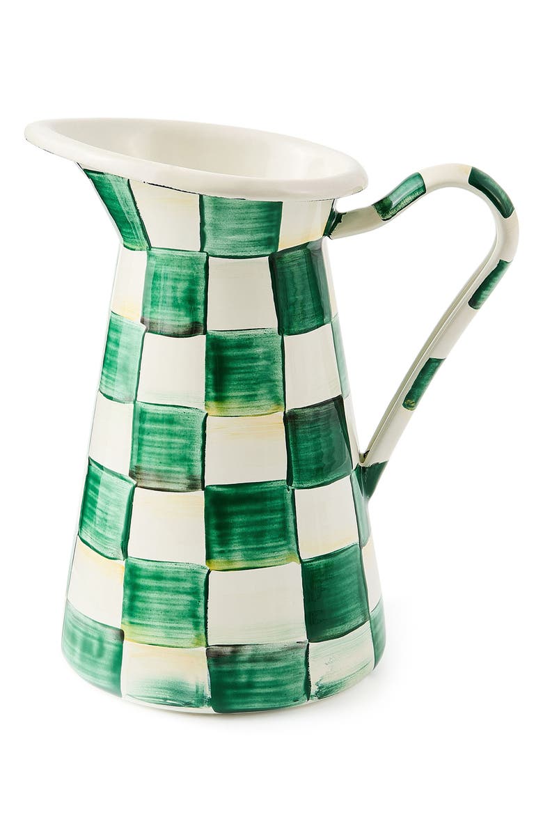 MACKENZIE CHILDS Mocha Check Medium Enameled Steel Practical Pitcher, Main, color, Emerald