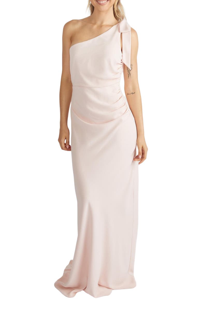 Six Stories Bow One Shoulder Crepe Bridesmaid Dress, Alternate, color, Blush