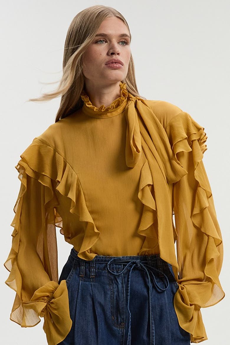 Georgette Ruffle Woven Pussybow Blouse, Main, color, Ochre