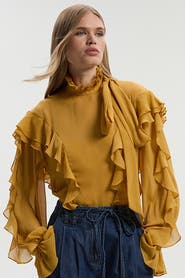 Karen Millen Georgette Ruffle Woven Pussybow Blouse