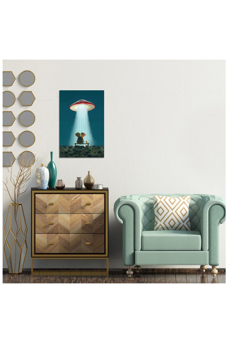 Elephant And Dog Look At A Flying Mushroom by Mike Kiev Canvas Wall Art, Alternate, color, BLUE/ GREEN