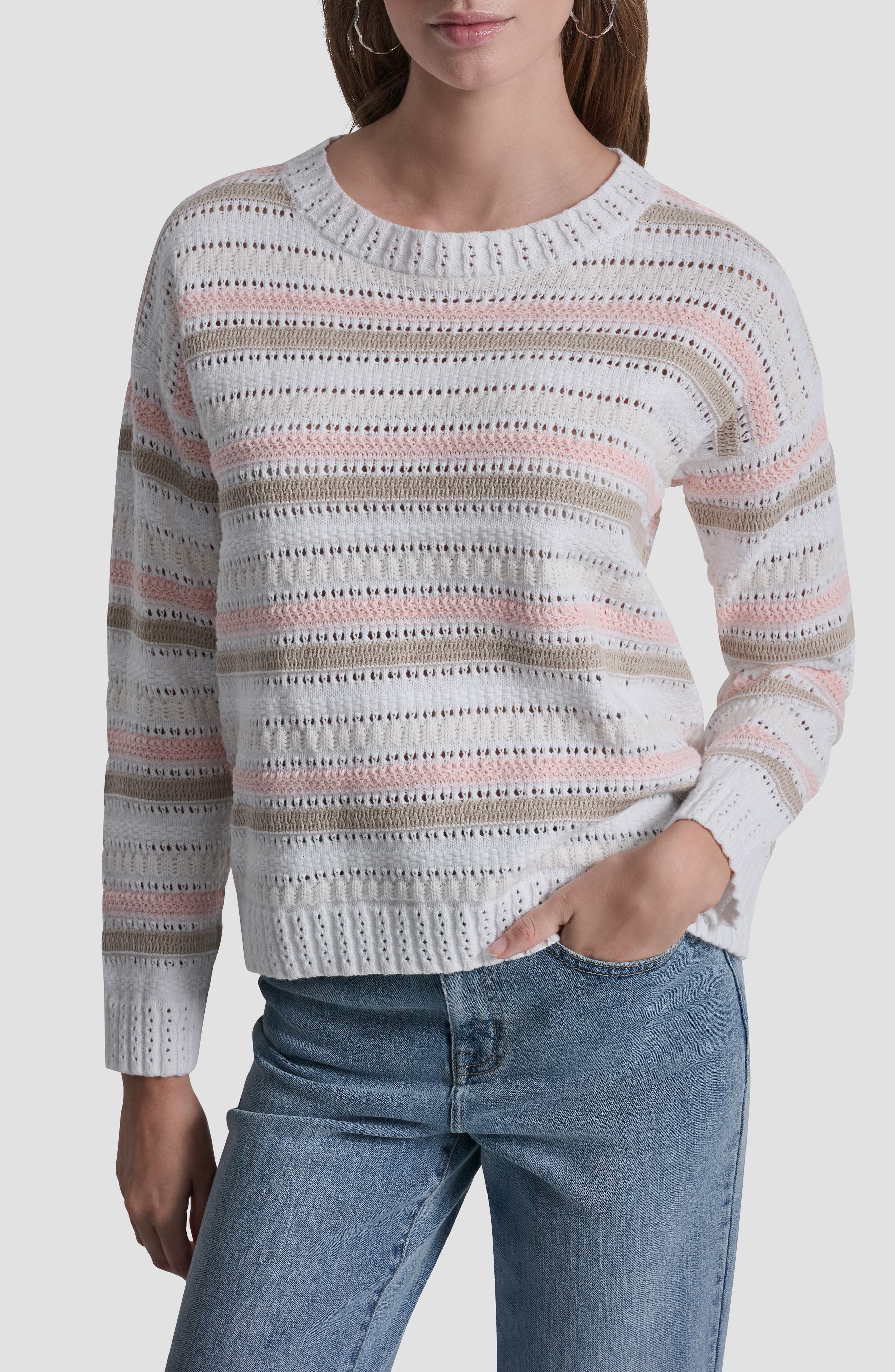 DKNY Jeans Stripe Cotton Pointelle Sweater