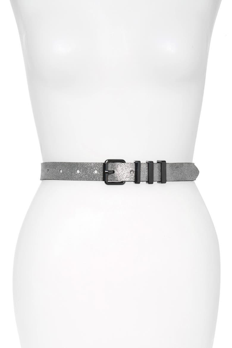Shimmer Metallic Leather Belt, Main, color, METALLIC SILVER / GUNMETAL