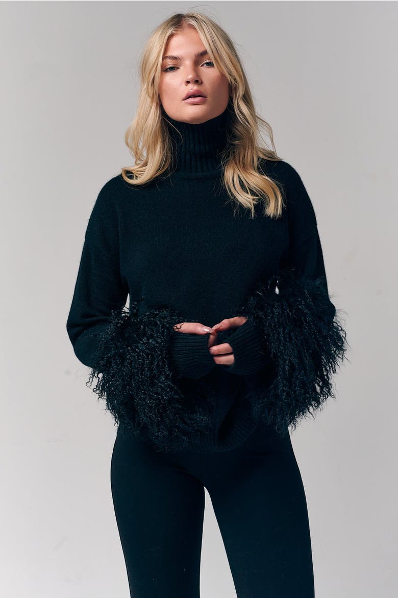 Mongolian Shearling Cuffs Cashmere Sweater, Alternate, color, Black