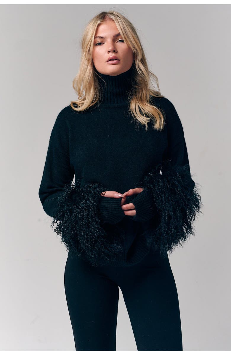 Le Fafo Mongolian Shearling Cuffs Cashmere Sweater, Alternate, color, Black