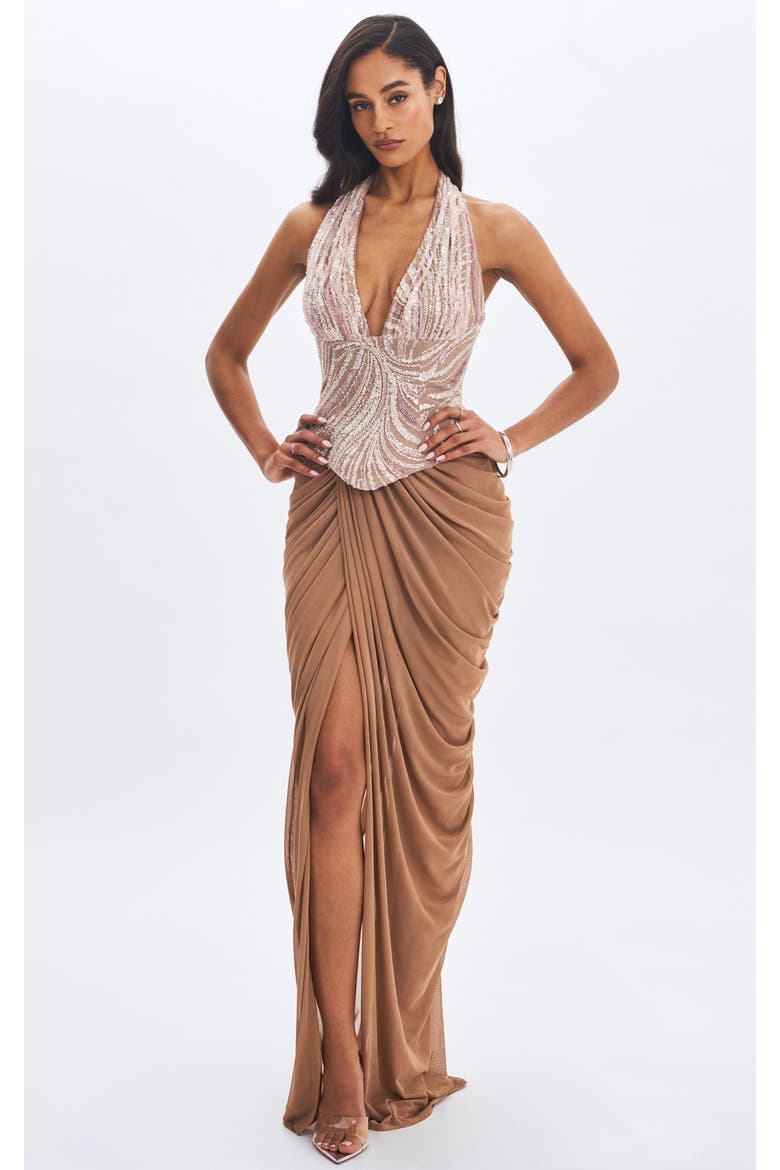 Nancie Beaded Halter Peplum Ruched Maxi Dress, Alternate, color, Apricot