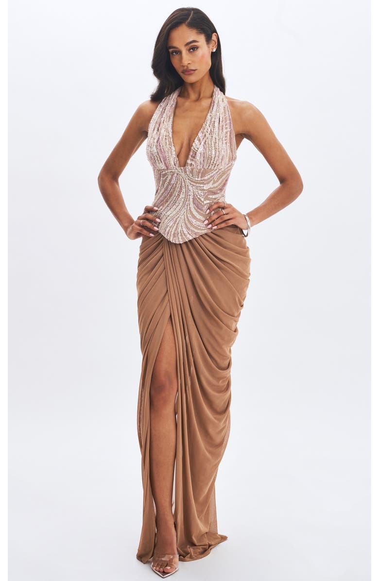 Miss Circle Nancie Beaded Halter Peplum Ruched Maxi Dress, Alternate, color, Apricot