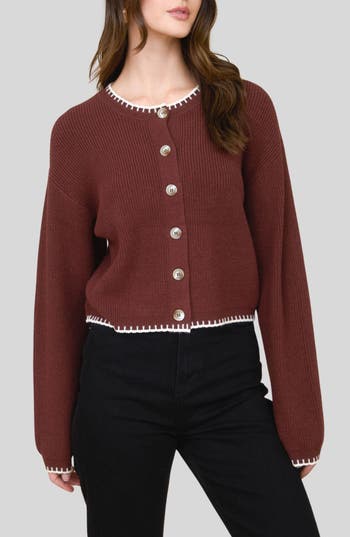 Blu Pepper Contrast Stitch Button Front Cardigan In Brown
