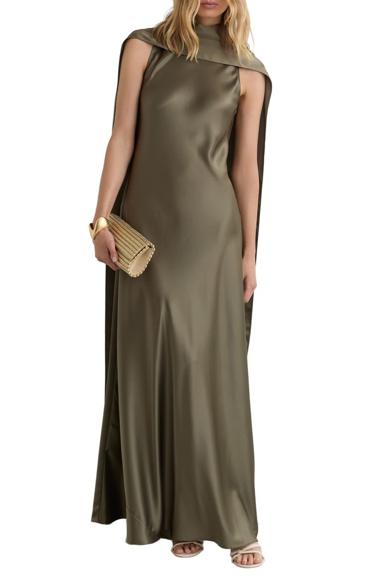 Fae Drape Sleeveless Satin Gown, Main, color, KHAKI GREEN
