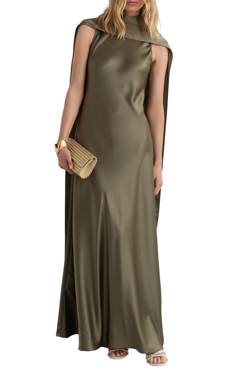 Reiss Fae Drape Sleeveless Satin Gown, Main, color, Khaki Green