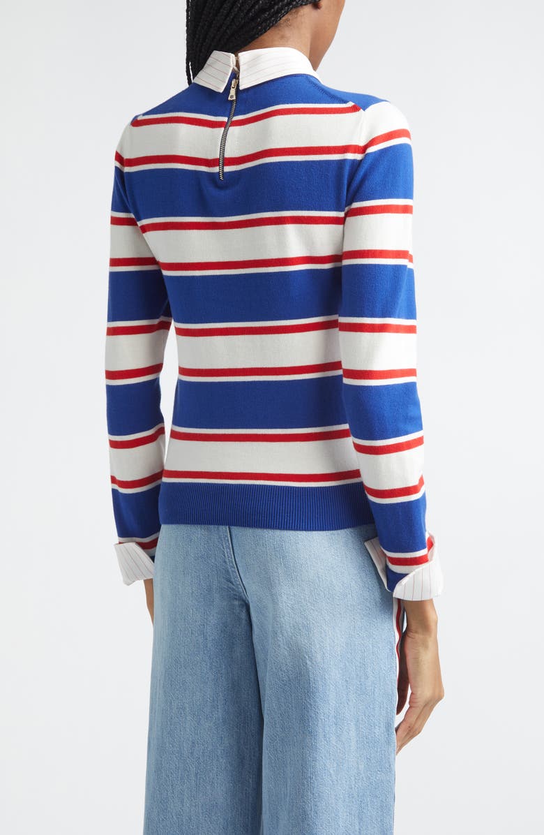Alice + Olivia Porla Collared Stripe Cotton Blend Sweater, Alternate, color, Americana Stripe