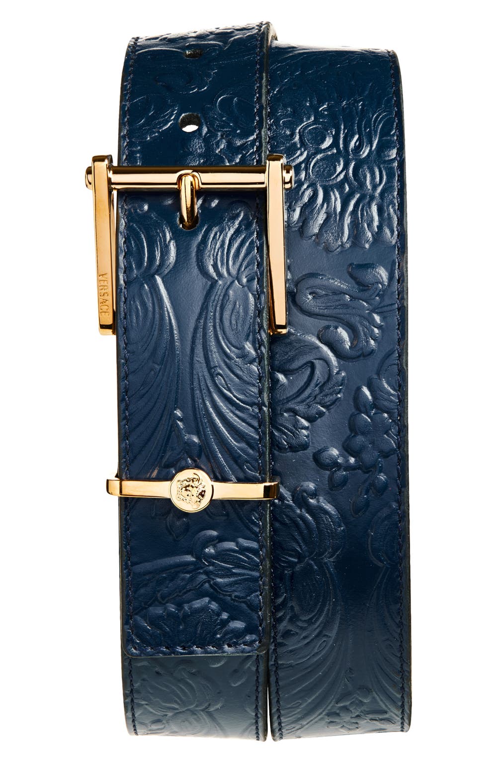 Barocco Embossed Leather Belt, color, MIDNIGHT BLUE-VERSACE GOLD
