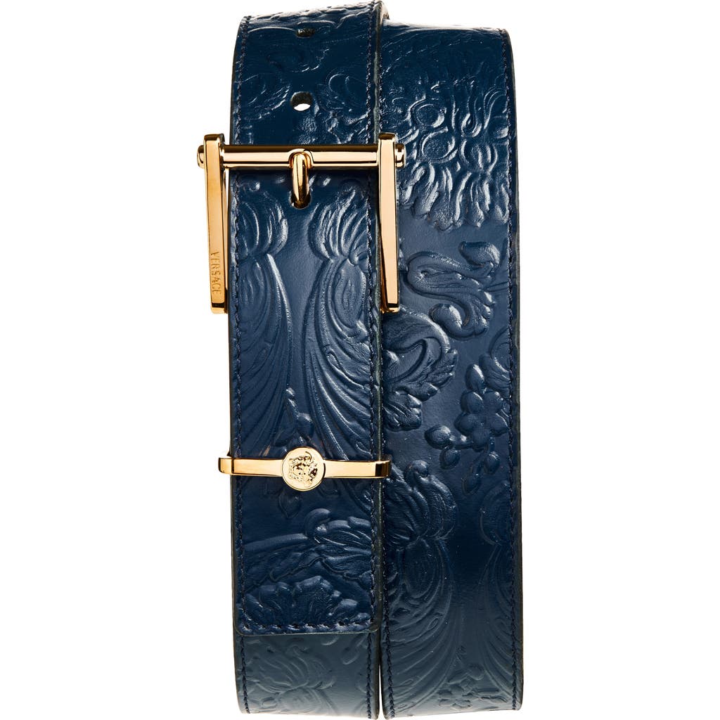 Versace Barocco Embossed Leather Belt In Blue