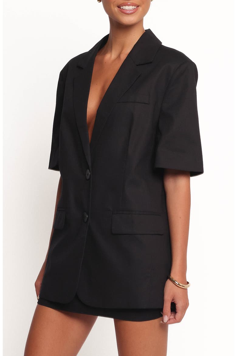 Brielle Short Sleeve Cotton & Linen Blazer, Alternate, color, BLACK