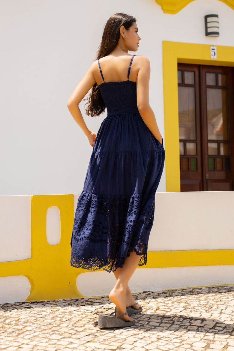 Kristen Sleeveless Smocked Eyelet Midi Dress, Alternate, color, Navy Calypso Eyelet