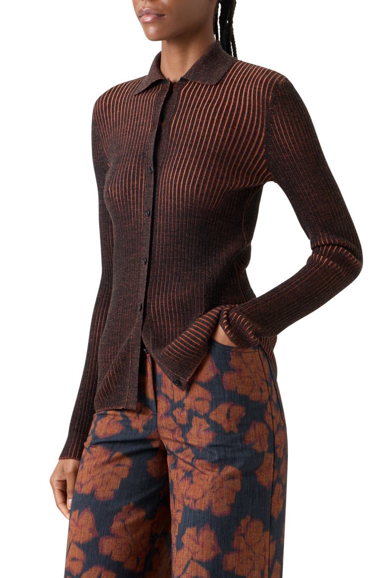 Two Tone Virgin Wool Rib Cardigan, Alternate, color, BLACK-ORANGE