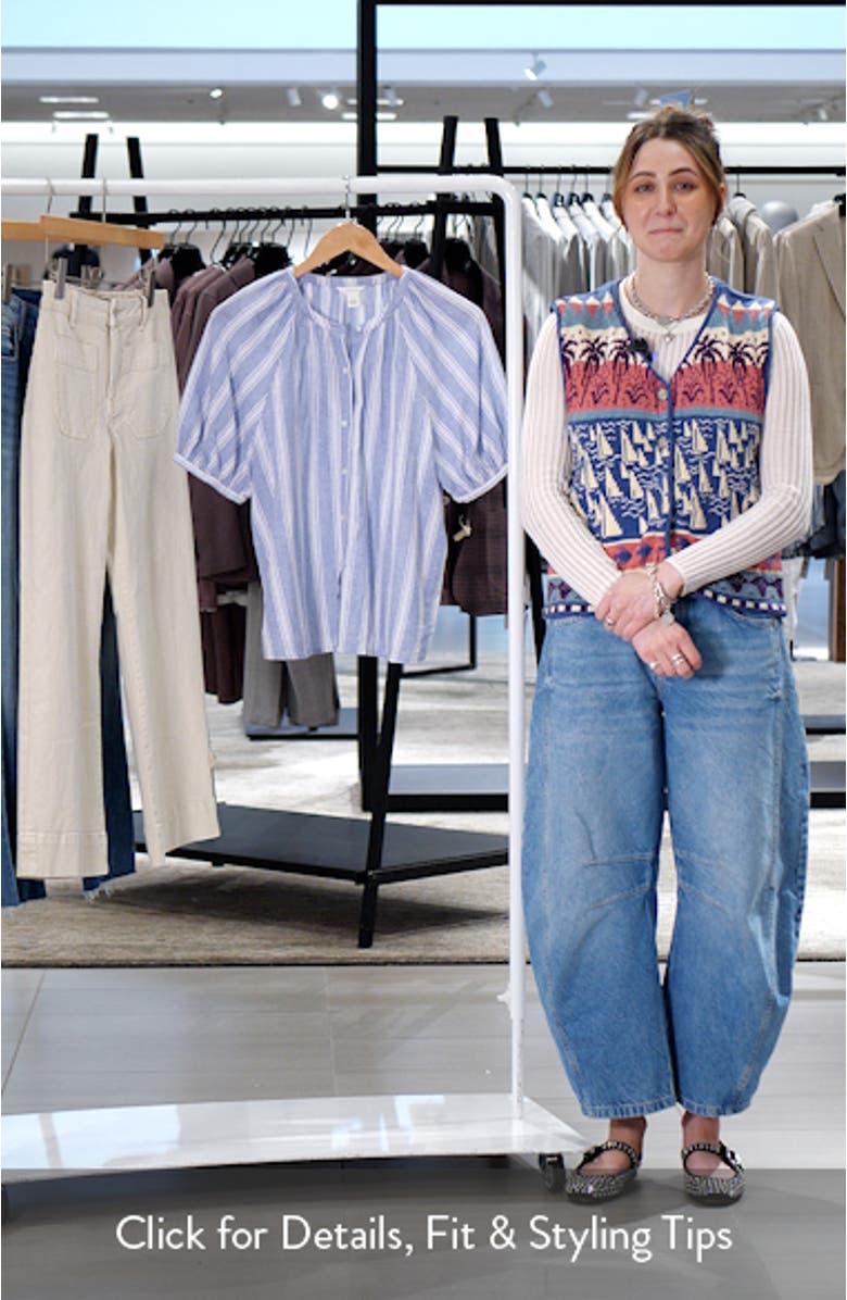 Stripe Linen Blend Puff Sleeve Top, sales video thumbnail