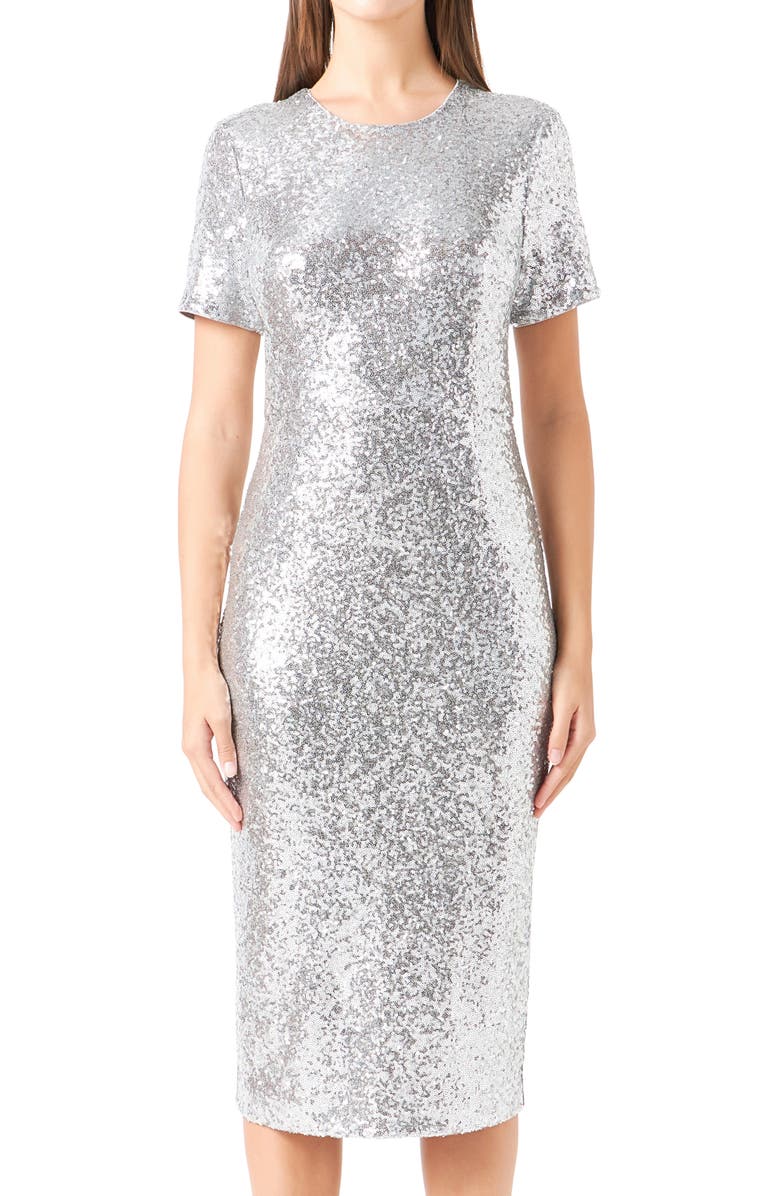 Endless Rose Sequin Short Sleeve Midi Sheath Dress, Alternate, color, Silver
