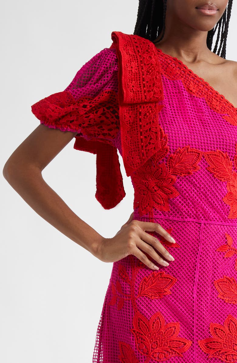 FARM Rio Guipuire Lace One-Shoulder Maxi Dress, Alternate, color, Red