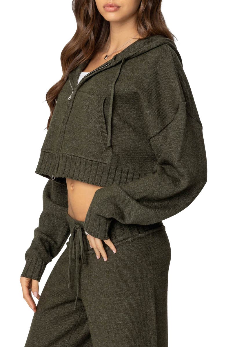 EDIKTED Russell Crop Hooded Zip Sweater, Alternate, color, Olive