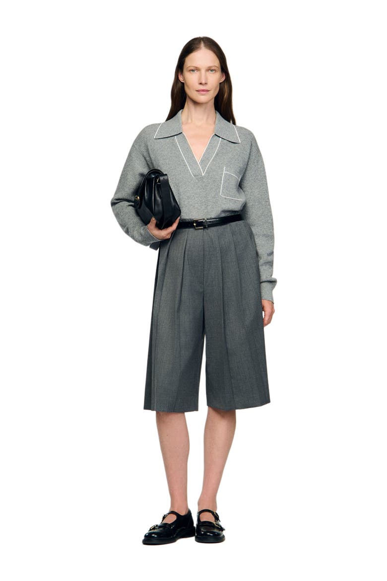 Open polo-collar neck sweater, Alternate, color, Grey