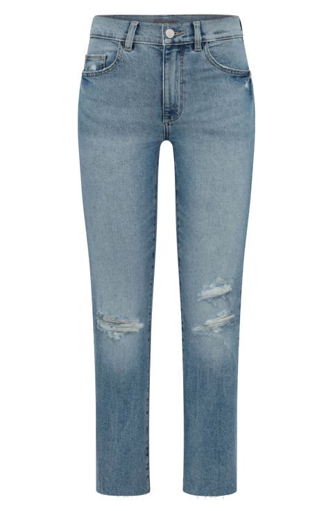 Patti High Waist Raw Hem Ankle Straight Leg Jeans (Droplet Distressed)