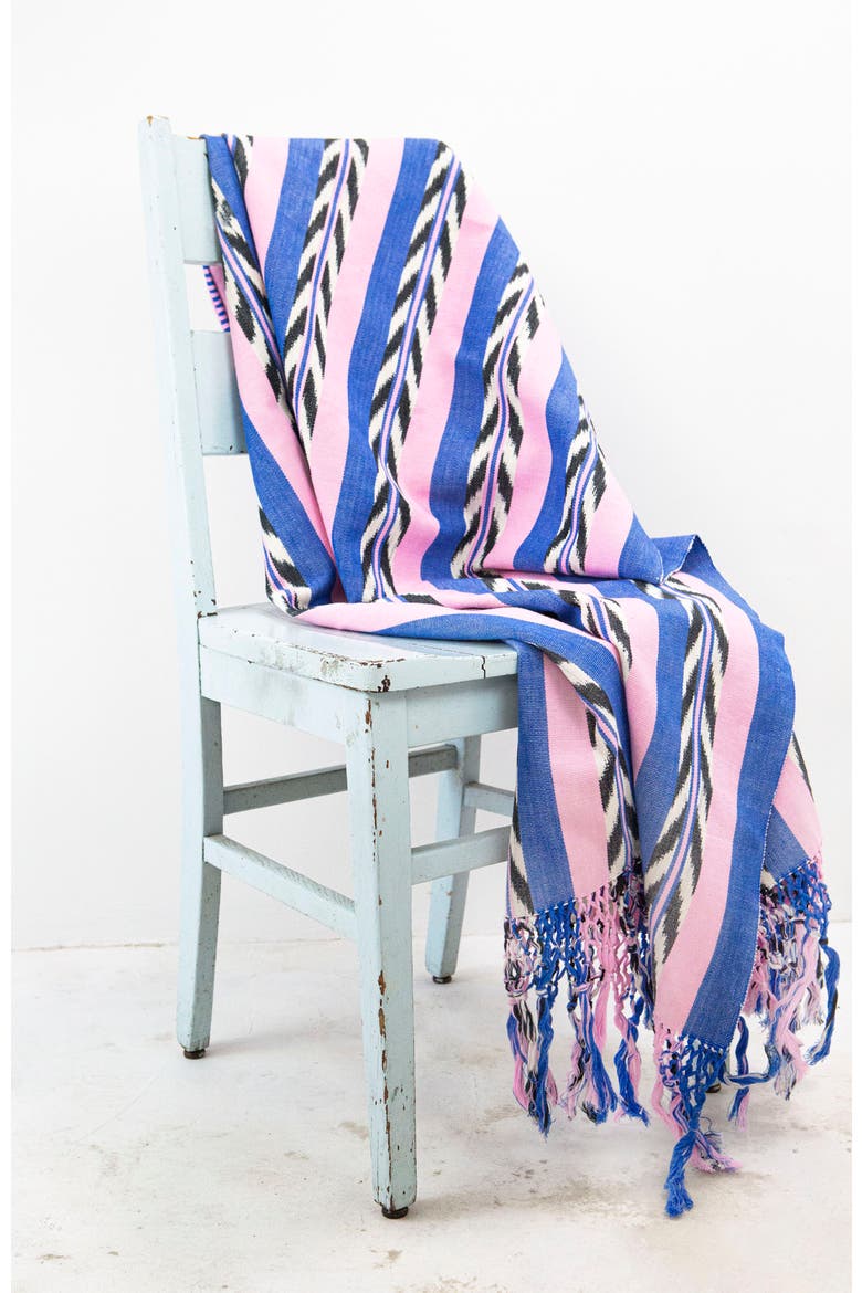 Palm Ikat Pink and Blue Handwoven Cotton Throw Blanket, Alternate, color, Multi