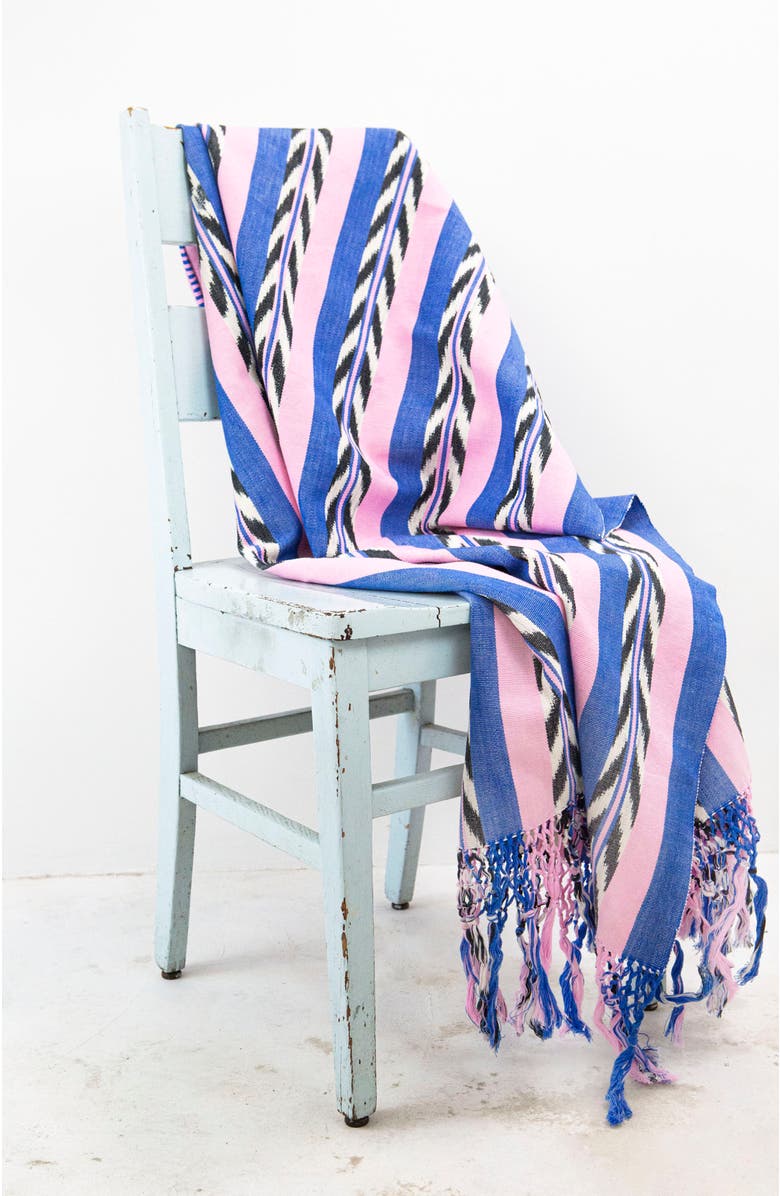 Archive New York Palm Ikat Pink and Blue Handwoven Cotton Throw Blanket, Alternate, color,