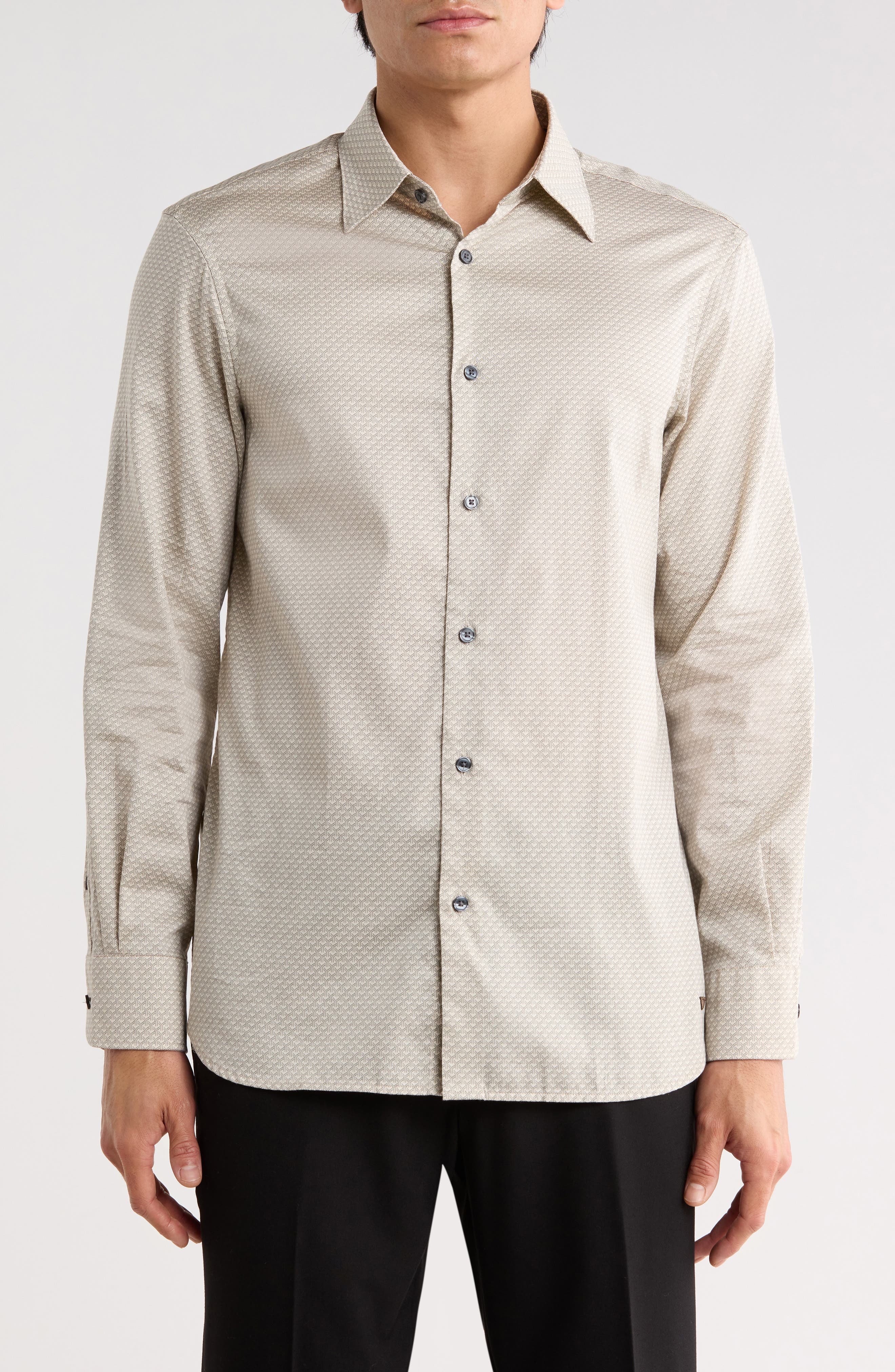 Weave Pattern Stretch Button-Up Shirt