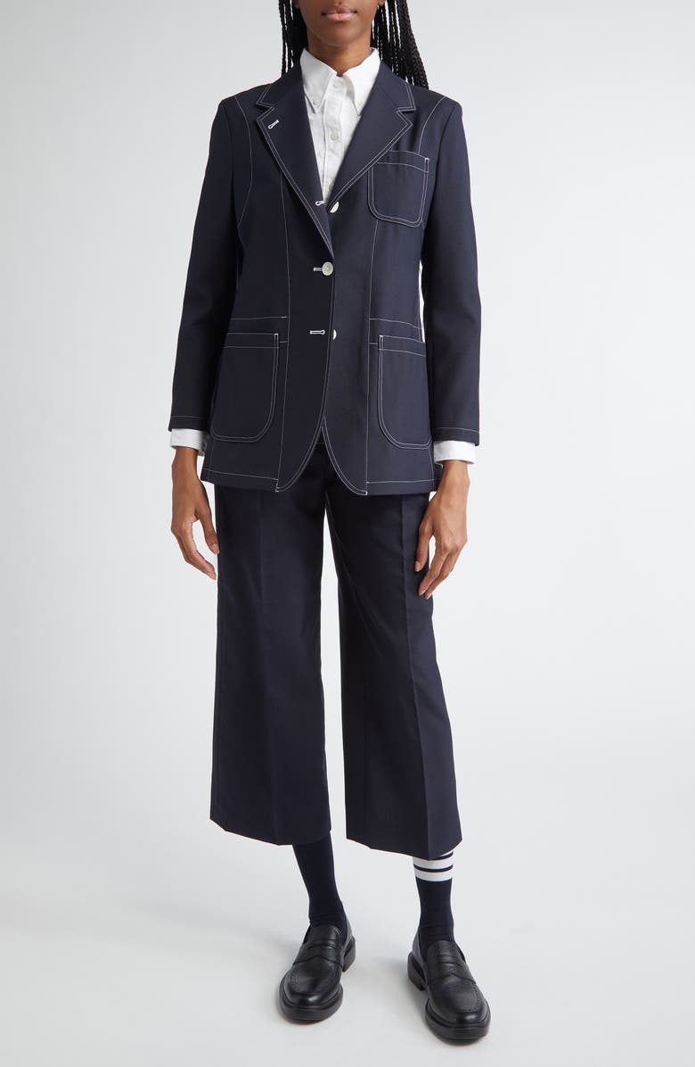 Thom Browne Topstitched Longline Blazer, Main, color, Navy