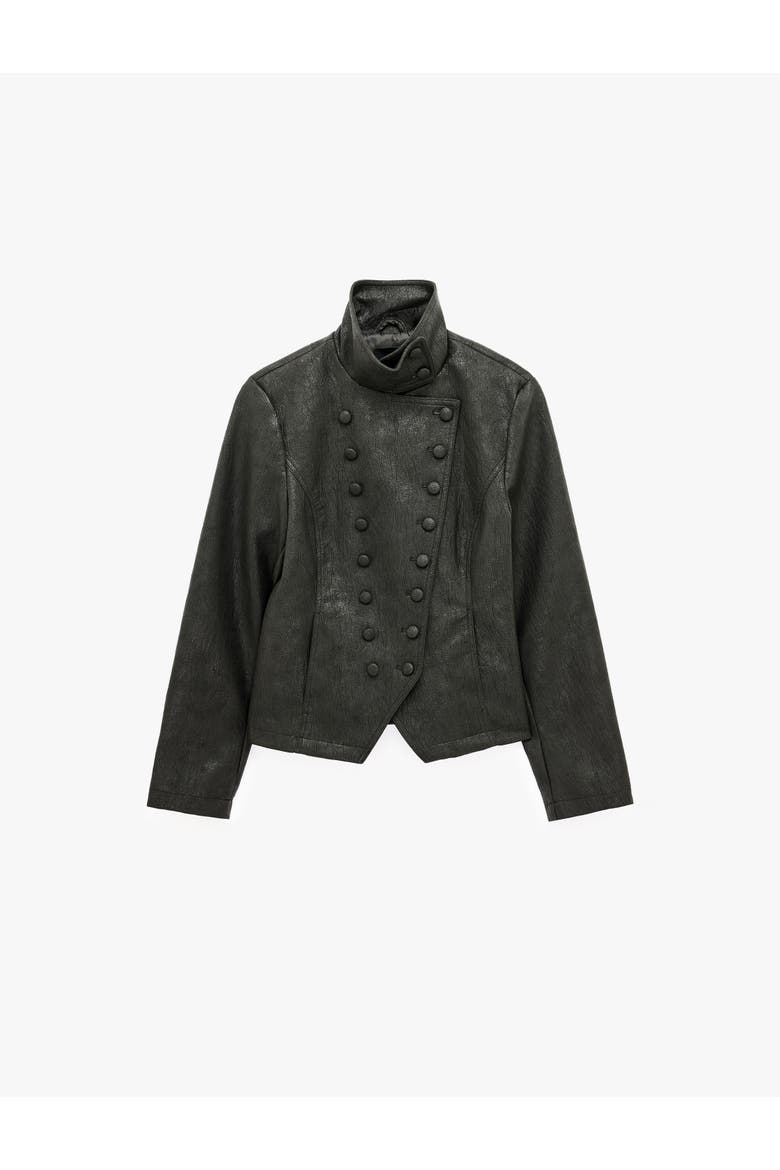Koton Funnel Neck Faux Leather Military Jacket Asymmetric Front Overlap ...