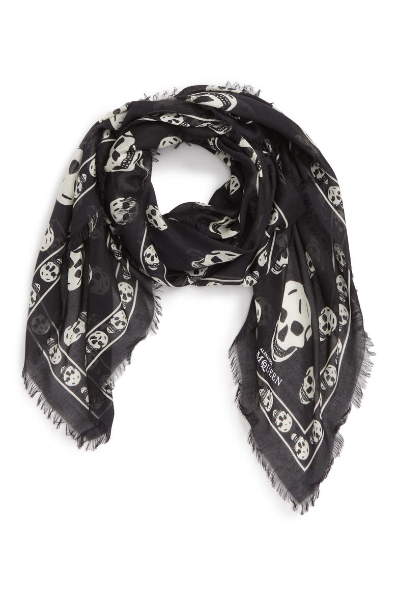 Alexander McQueen Skull Print Modal & Silk Scarf, Alternate, color, 1078 BLACK/ IVORY