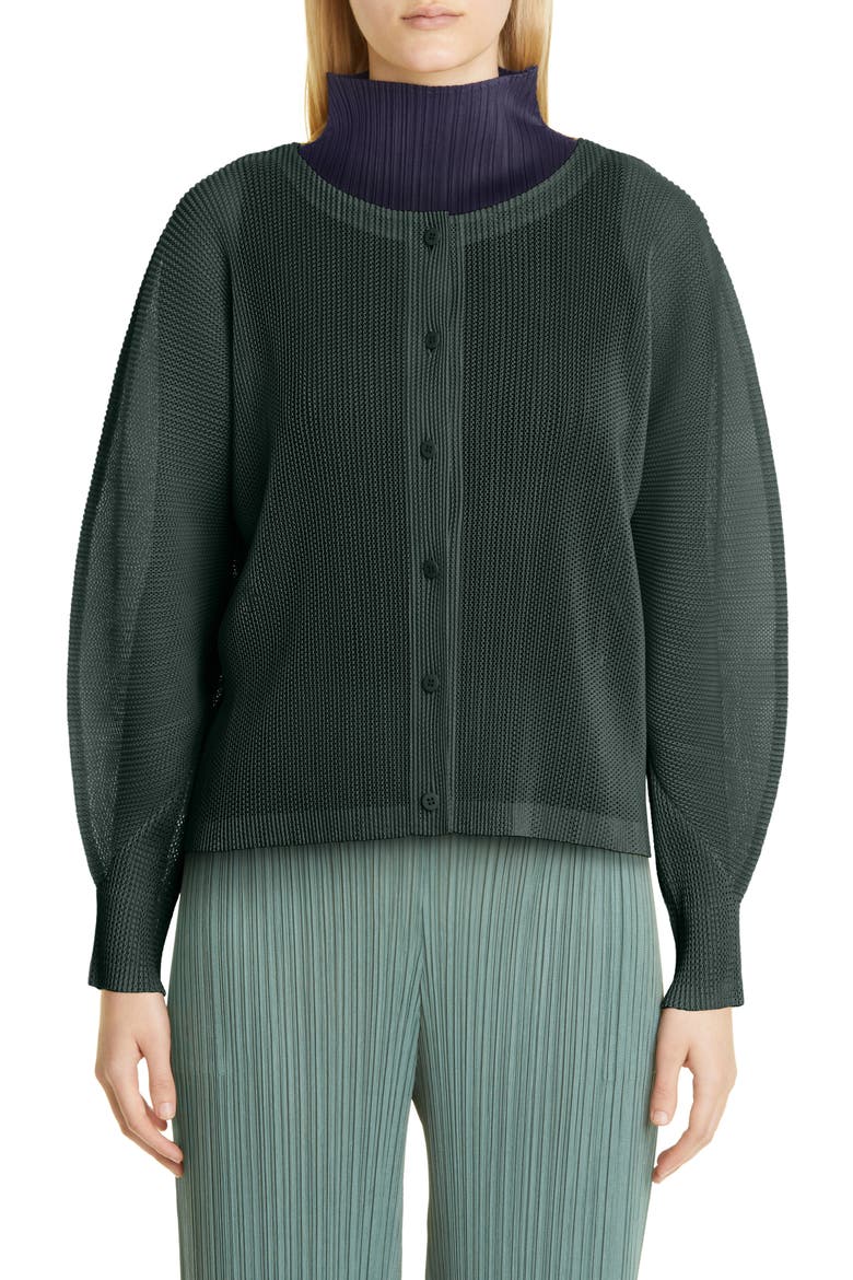 Tatami Pleated Open Knit Cardigan, Main, color, DARK GREEN