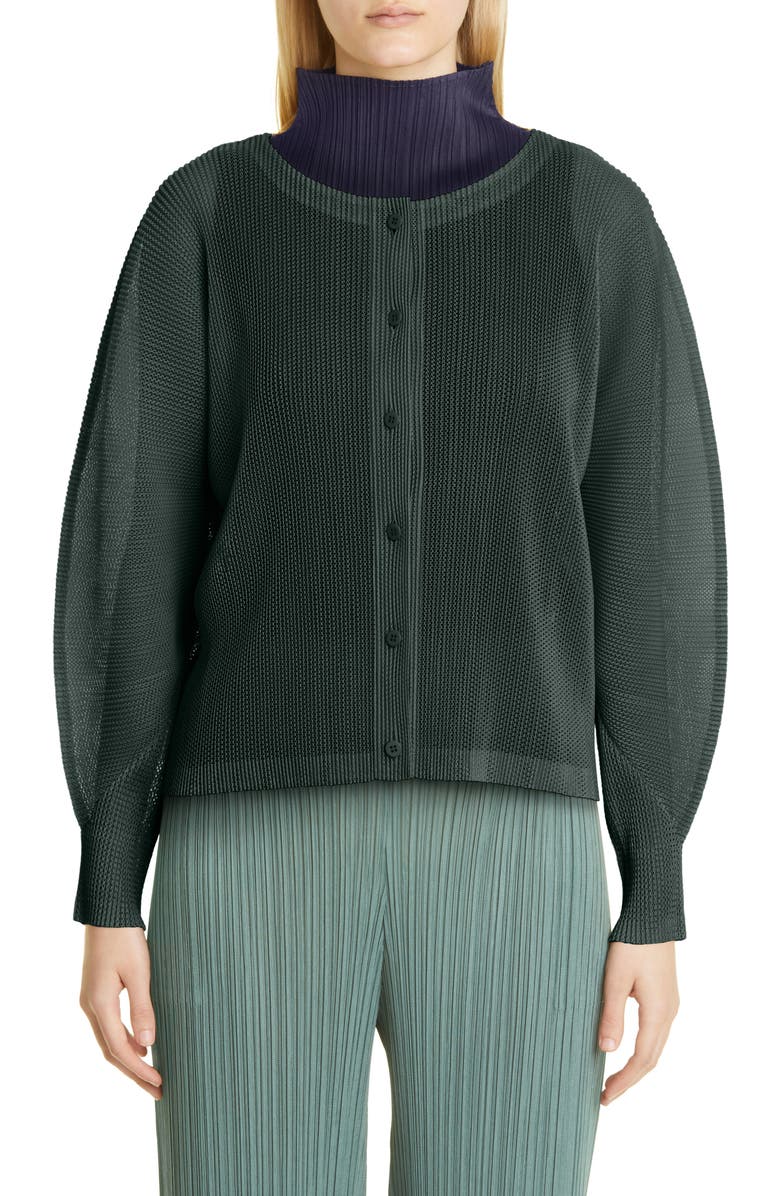 Pleats Please Issey Miyake Tatami Pleated Open Knit Cardigan, Main, color,