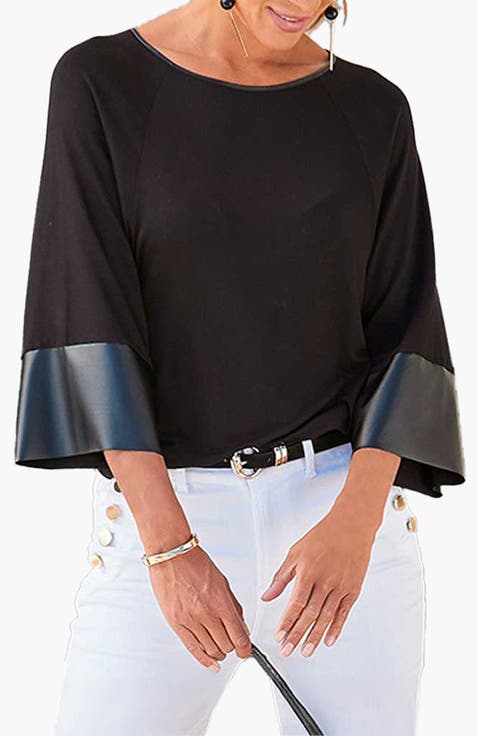 Women's Dolman Sleeve Leather Trim Top