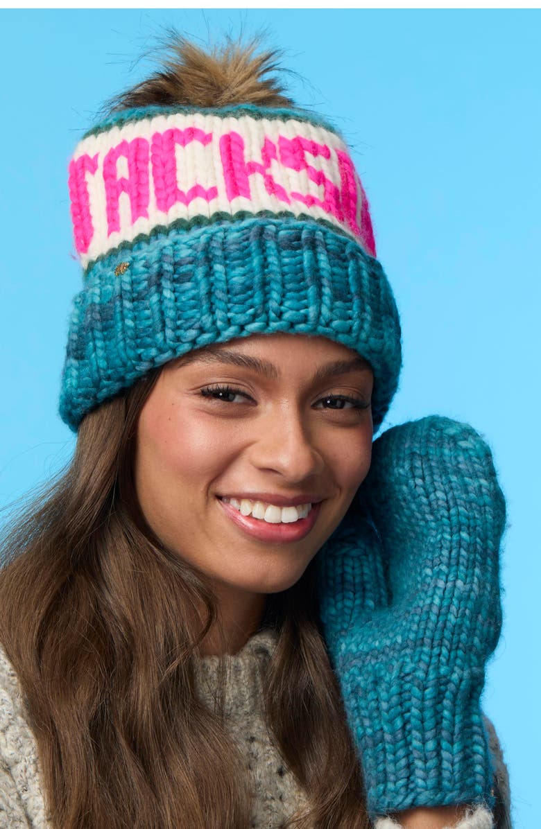 Lele Sadoughi Jackson Hole Merino Wool Beanie with Faux Fur Pompom, Alternate, color, Ocean