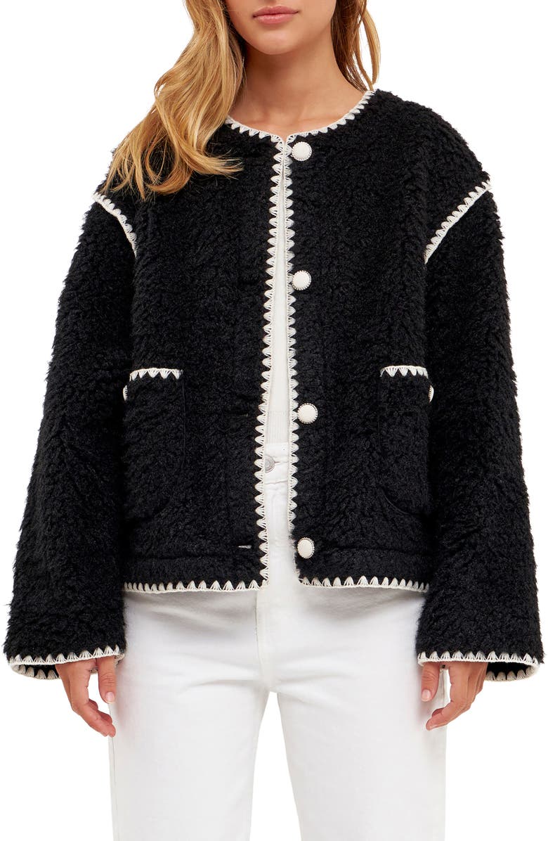 English Factory Premium Contrast Trim Faux Shearling Jacket, Main, color, 