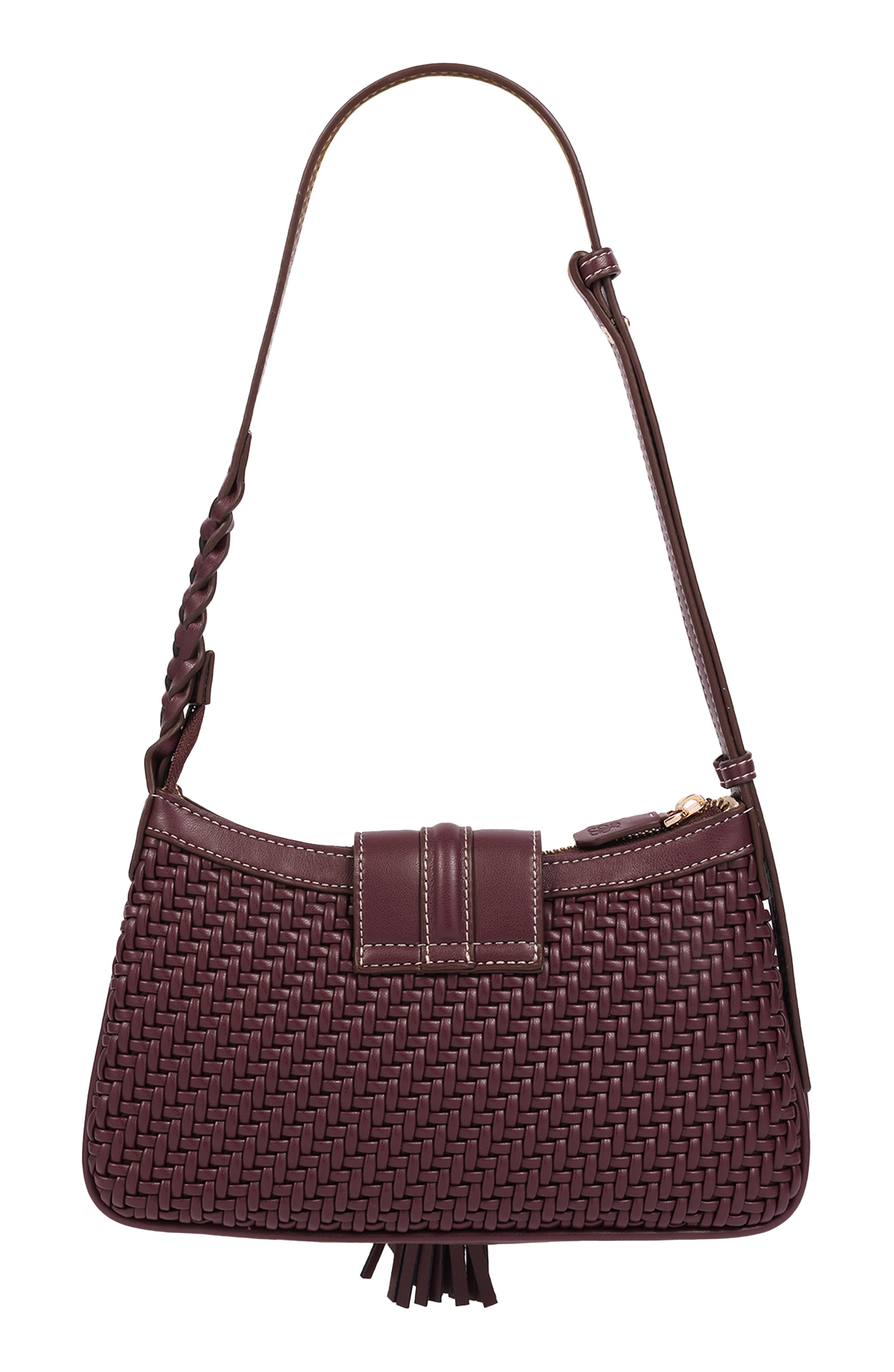 Tassel Tab Woven Faux Leather Shoulder Bag, Alternate, color, WINE